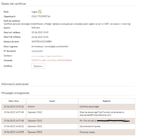 certificate data and status history